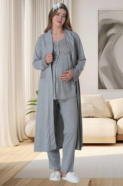 Mecit 6066 Bayan Hamile Lohusa Gri Sabahlık Gecelik Pijama Seti - 6