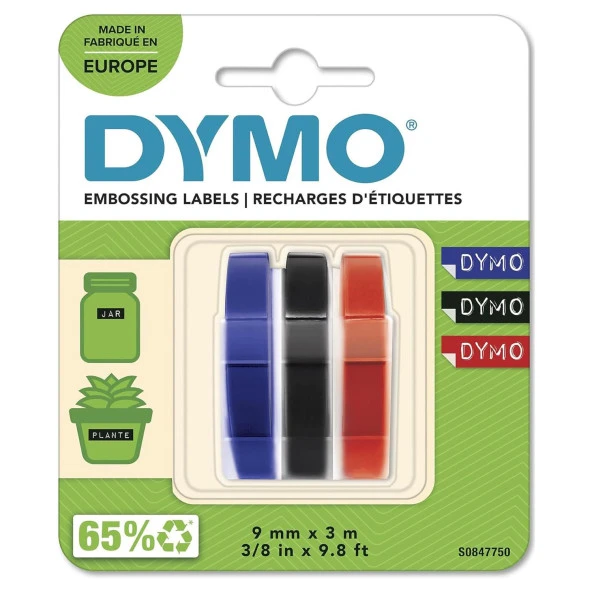 DYMO 3D Plastik Kabartma Yedek Şerit 9mmx3mt 3 lü Blister Siyah-Mavi-Kırmızı (S0847750)
