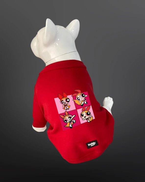 Kedi Ve Köpek Kıyafeti - Powerpuff Girls Baskılı Kırmızı Kapüşonsuz T-Shirt