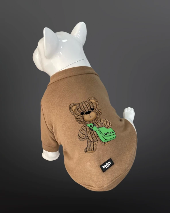 Kedi Ve Köpek Kıyafeti - Bear Baskılı Bej Rengi Kapüşonsuz T-Shirt