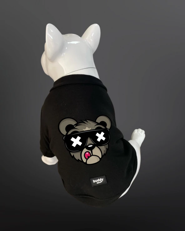 Kedi Ve Köpek Kıyafeti - Kedi Baskılı Siyah Kapüşonsuz T-shirt