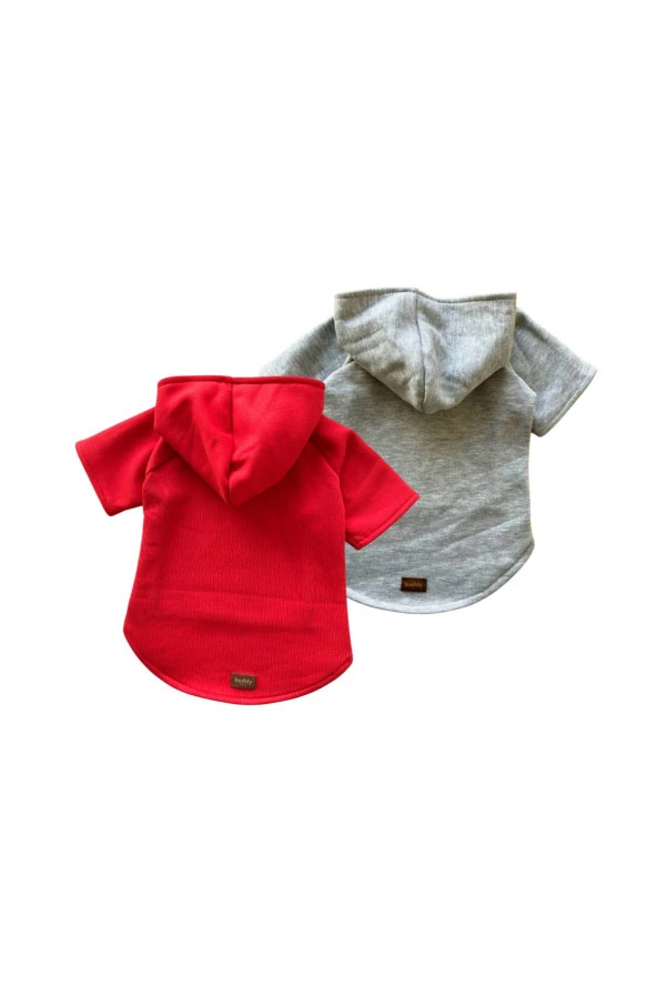 Kedi & Köpek Kıyafeti Sweatshirt - Baskısız Gri & Kırmızı 2'li Set Sweatshirt
