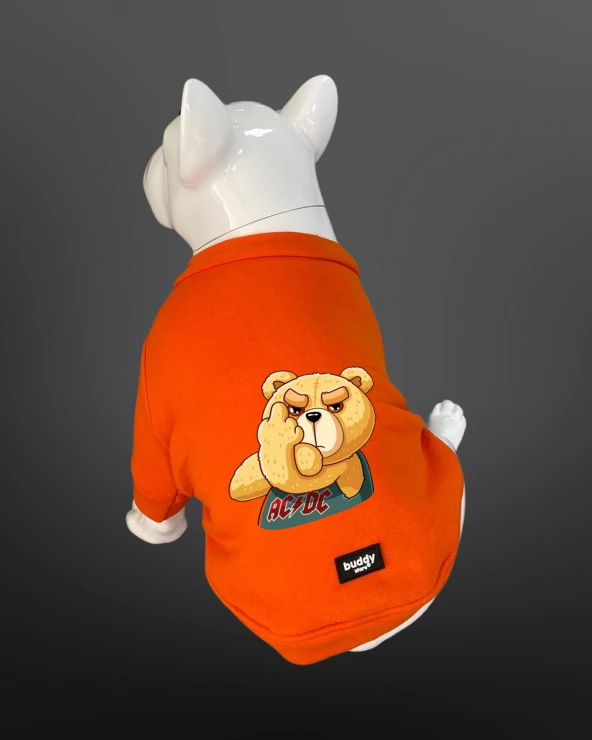 Kedi Ve Köpek Kıyafeti - Bear Baskılı Turuncu Kapüşonsuz T-Shirt