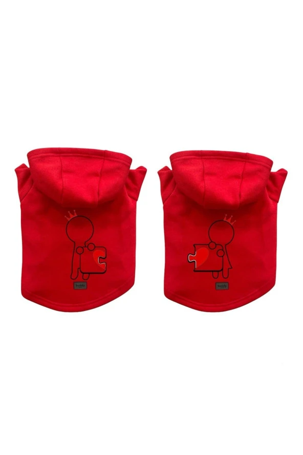 Kedi & Köpek Kıyafeti Sweatshirt-Sevgililer Günü Kombini-Çöp Aşıklar Yapboz Baskılı Kırmızı 2'li Sweatshirt