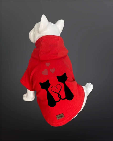 Kedi & Köpek Kıyafeti Sweatshirt - Sevgililer Günü - Aşık Kediler Baskılı Kırmızı Sweatshirt