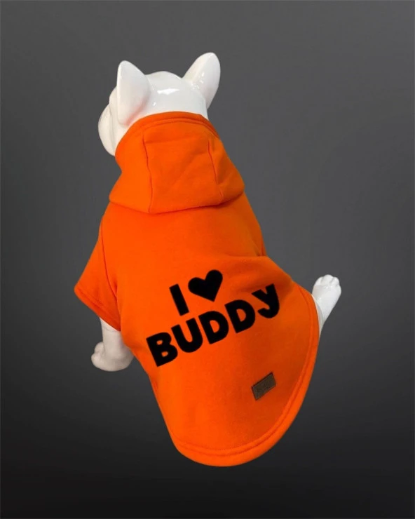 Kedi & Köpek Kıyafeti Sweatshirt - I Love Buddy Baskılı Turuncu Sweatshirt