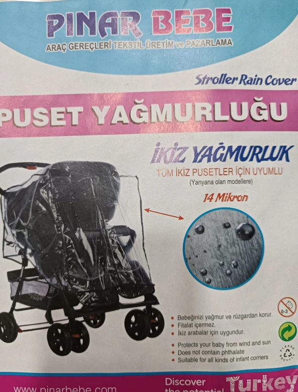 Pınar Bebe İkiz Bebek Arabası Yağmurluğu Yanyana İkiz Puset Yağmurluğu İkiz Yağmurluk