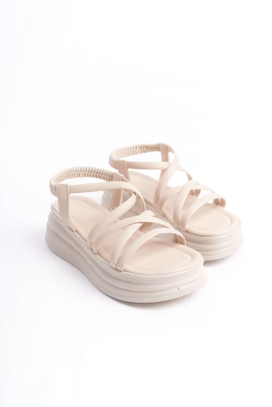 BELLA Lastikli Şerit Detaylı Ortopedik Taban Kadın Sandalet KT Krem - 4