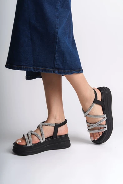 ELENA Lastikli Taşlı Şeritli Ortopedik Taban Kadın Sandalet ST Siyah - 3