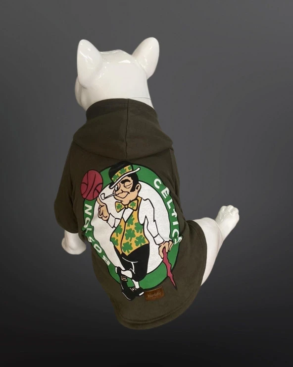 Kedi & Köpek Kıyafeti Sweatshirt - Boston Celtics Baskılı Haki Yeşili Sweatshirt - S Beden