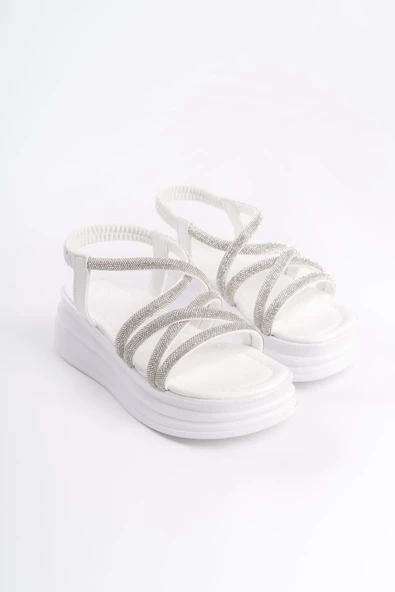 ELENA Lastikli Taşlı Şeritli Ortopedik Taban Kadın Sandalet BT Beyaz - 4