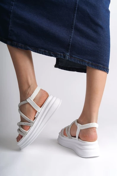 ELENA Lastikli Taşlı Şeritli Ortopedik Taban Kadın Sandalet BT Beyaz - 3