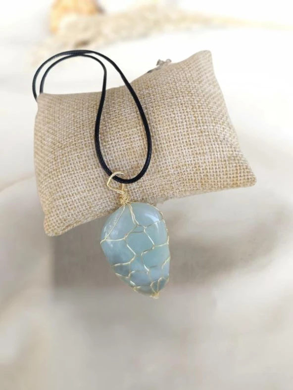 Kolye Aventurin Doğal Taş El İşi Tel Sarma Tasarım Çakra Charm Takı Kadın Kız Örgü - 4