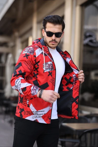 Kırmızı Renk Dijital Baskılı Spor Model Kumaş Mont - 6