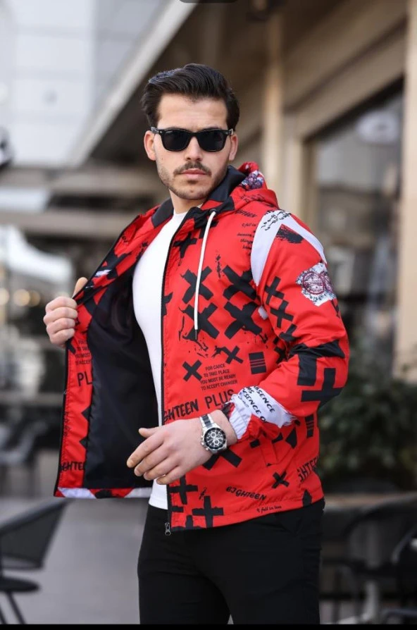 Kırmızı Renk Dijital Baskılı Spor Model Kumaş Mont - 3