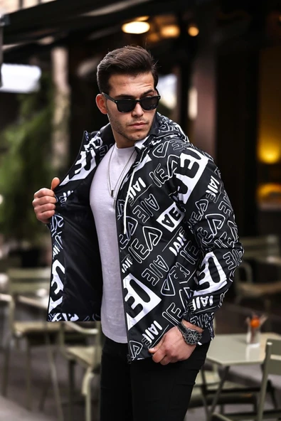 Siyah Renk Beyaz Baskılı Spor Model Kumaş Mont - 6