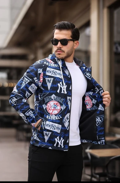 Mavi Renk Yazı Baskılı Spor Model Kumaş Mont - 6