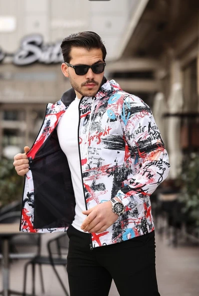 Beyaz Renk Yazı Baskılı Spor Model Kumaş Mont - 5