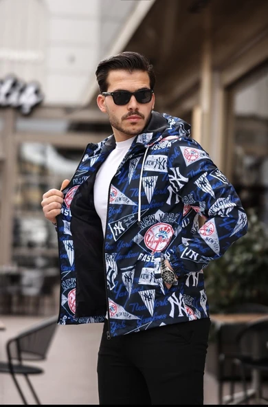 Mavi Renk Yazı Baskılı Spor Model Kumaş Mont - 5