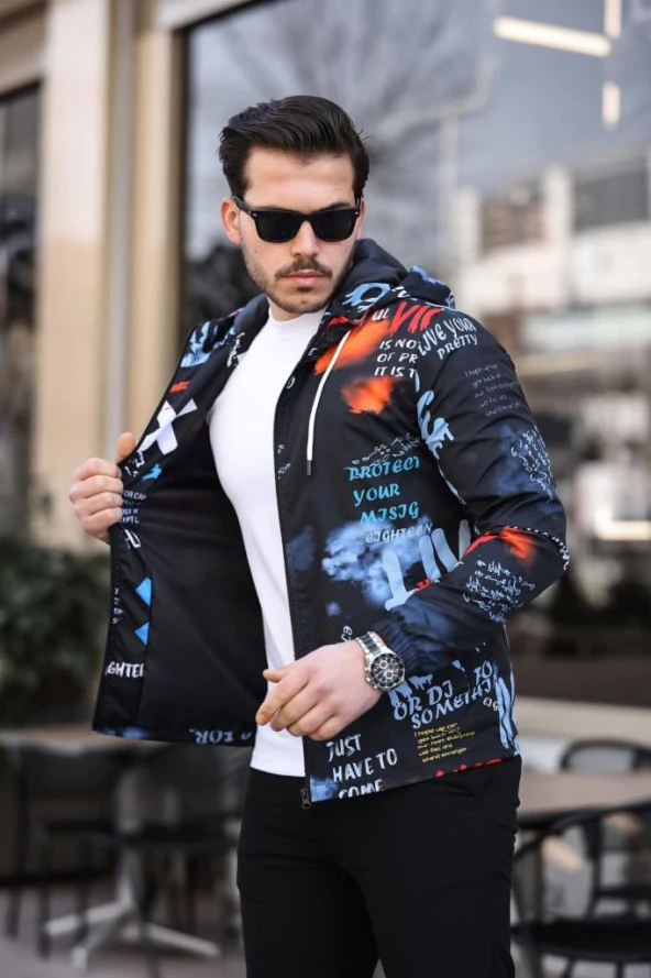 Mavi ve Turuncu Renk Baskılı Spor Model Kumaş Mont - 3