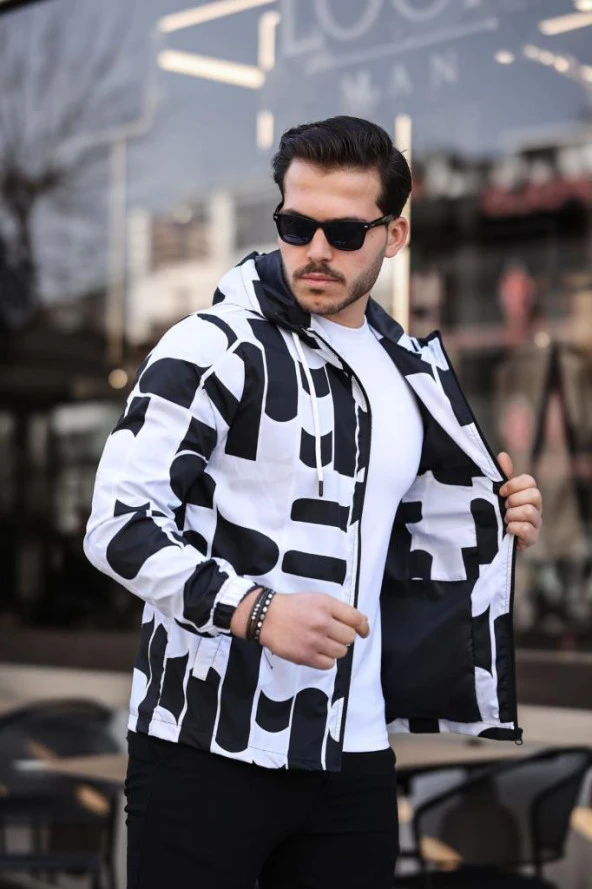 Siyah Beyaz Renk Baskılı Spor Model Kumaş Mont - 4