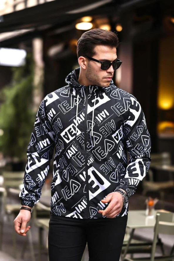 Siyah Renk Beyaz Baskılı Spor Model Kumaş Mont - 2