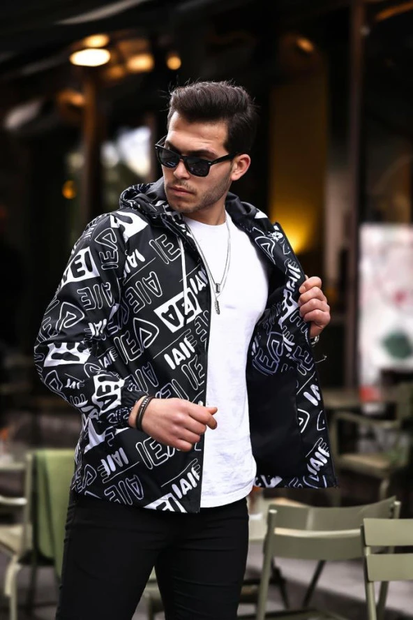 Siyah Renk Beyaz Baskılı Spor Model Kumaş Mont - 3