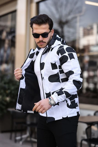 Siyah Beyaz Renk Baskılı Spor Model Kumaş Mont - 5
