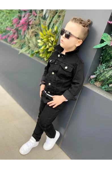 MODAVALS ERKEK ÇOCUK KOT CEKET & KOT PANTOLON 3 PARÇA KOMBİN-SİYAH - 5
