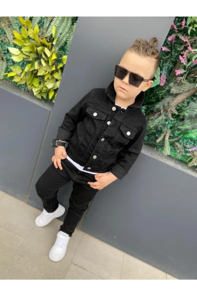 MODAVALS ERKEK ÇOCUK KOT CEKET & KOT PANTOLON 3 PARÇA KOMBİN-SİYAH - 8