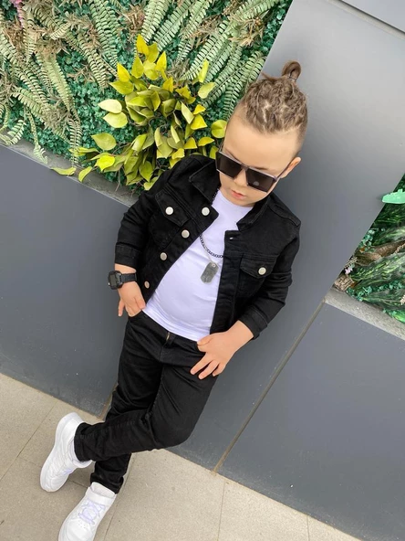 MODAVALS ERKEK ÇOCUK KOT CEKET & KOT PANTOLON 3 PARÇA KOMBİN-SİYAH - 4