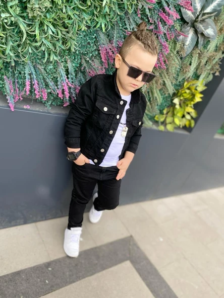 MODAVALS ERKEK ÇOCUK KOT CEKET & KOT PANTOLON 3 PARÇA KOMBİN-SİYAH - 2