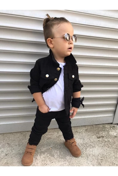 MODAVALS ERKEK ÇOCUK KOT CEKET & KOT PANTOLON 3 PARÇA KOMBİN-SİYAH - 3