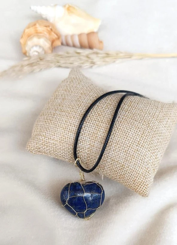 Kolye Kalp Doğal Taş El İşi Tel Sarma Tasarım Çakra Charm Takı Kadın Kız Örgü - 4