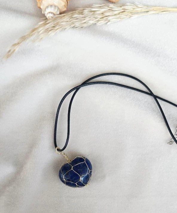 Kolye Kalp Doğal Taş El İşi Tel Sarma Tasarım Çakra Charm Takı Kadın Kız Örgü - 5