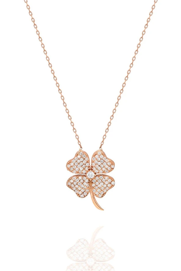 925 Ayar Rose Beyaz Taşlı Yonca Kolye Kadın Gümüş Kolye ürün görseli