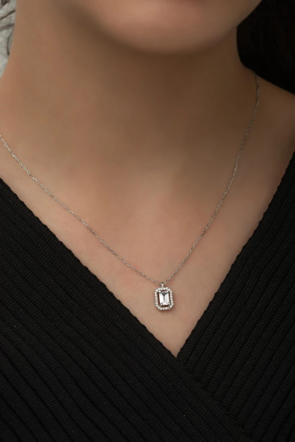 925 Ayar Gümüş Zirkon Taşlı Tektaş Kolye Kadın Gümüş Kolye - Resim 2