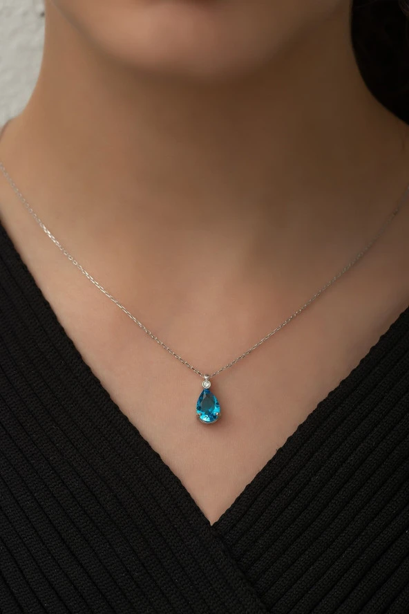 925 Ayar Gümüş Aqua Taşlı Damla Tektaş Kolye Kadın Gümüş Kolye - Resim 2