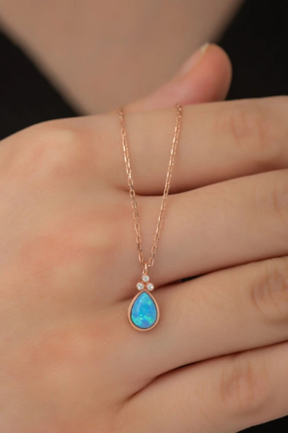 925 Ayar Gümüş Minik Opal Taşlı Damla Kolye Kadın Gümüş Kolye ürün görseli