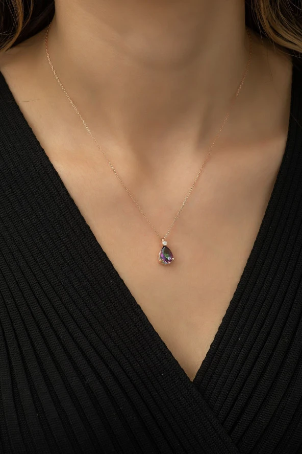 925 Ayar Gümüş Damla Mistik Topaz Taşlı Kolye Kadın Gümüş Kolye ürün görseli