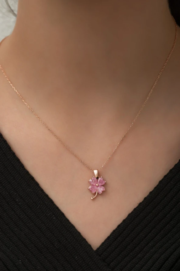 925 Ayar Gümüş Pembe Taşlı Yonca  Kolye Kadın Gümüş Kolye - Resim 2