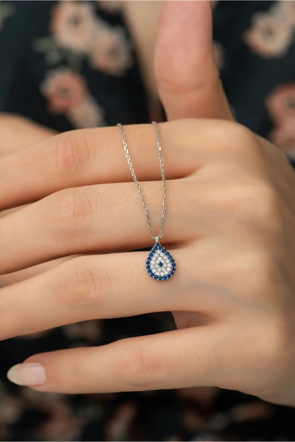 925 Ayar Gümüş Minik Damla Nazar Kolye Kadın Gümüş Kolye ürün görseli