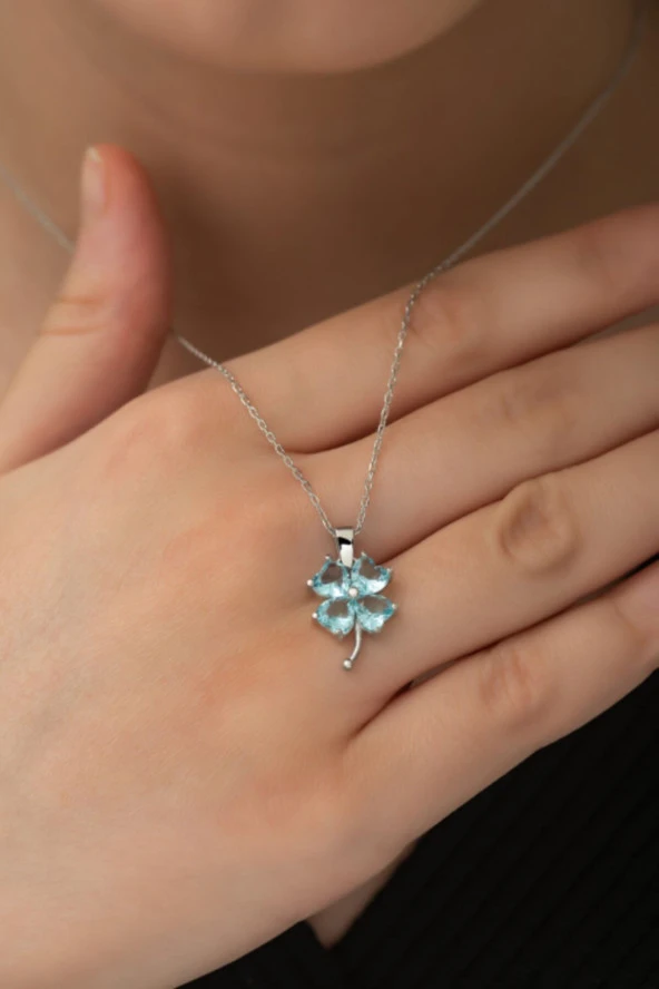 925 Ayar Gümüş Aquamarin Taşlı Yonca  Kolye Kadın Gümüş Kolye - Resim 2