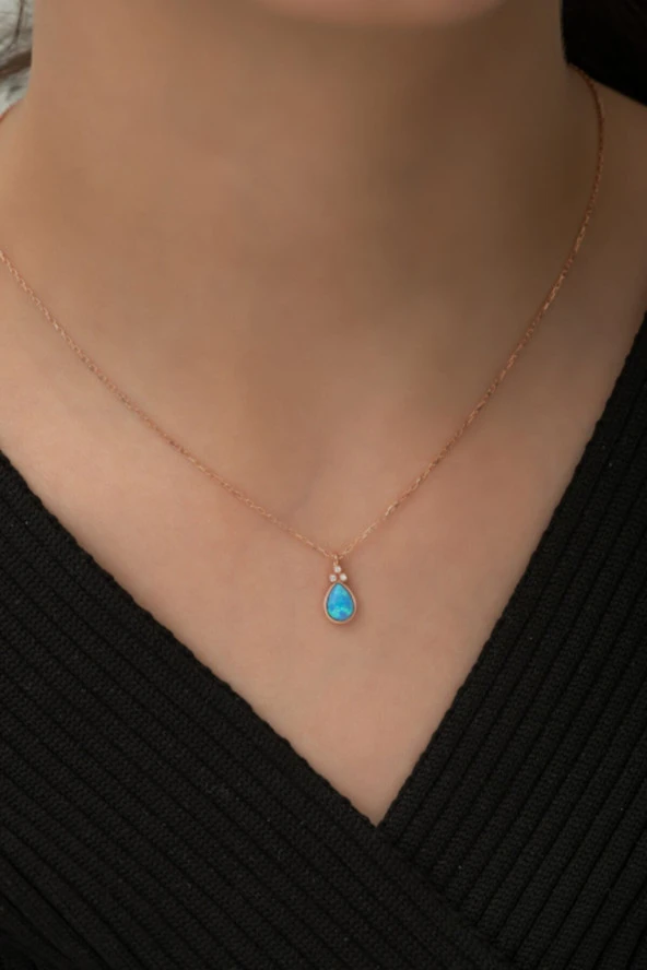 925 Ayar Gümüş Minik Opal Taşlı Damla Kolye Kadın Gümüş Kolye - Resim 2