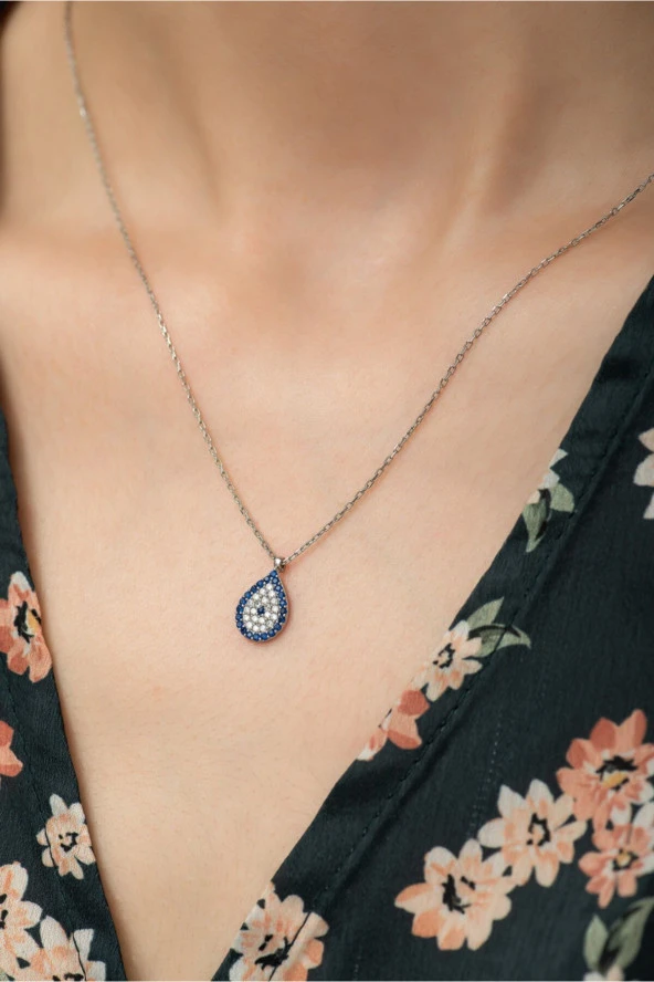 925 Ayar Gümüş Minik Damla Nazar Kolye Kadın Gümüş Kolye - Resim 3