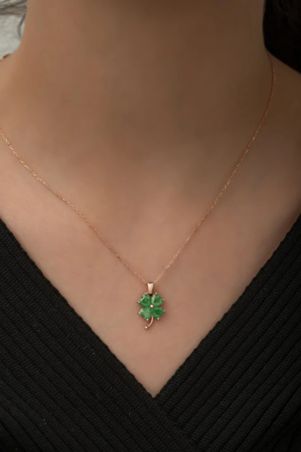 925 Ayar Gümüş Yeşil Taşlı Yonca  Kolye Kadın Gümüş Kolye - Resim 2