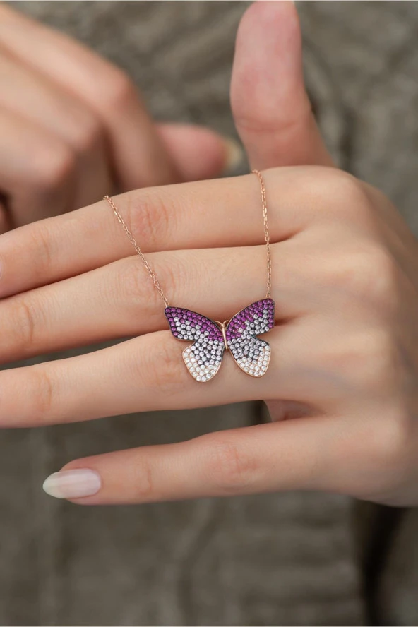 925 Ayar Pembe Renk Geçişli Kelebek Kadın Gümüş Kolye ürün görseli