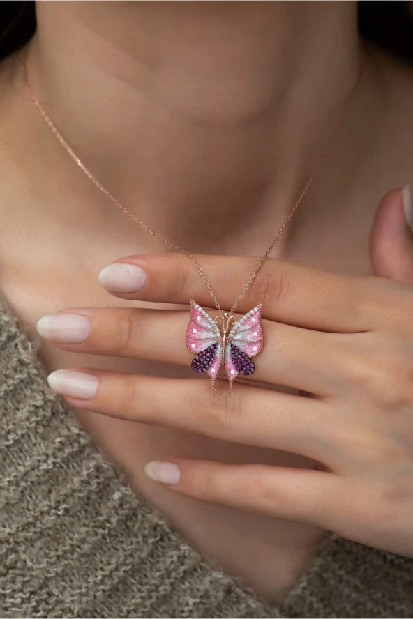 925 Ayar Pembe Kelebek Kadın Gümüş Kolye ürün görseli