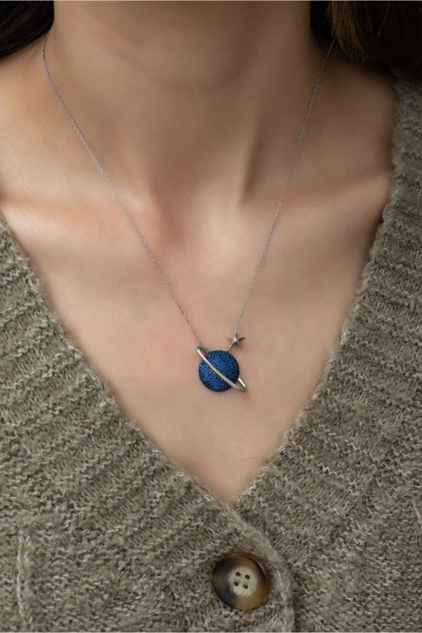 925 Ayar Lacivert Taşlı Gezegen Kadın Gümüş Kolye ürün görseli