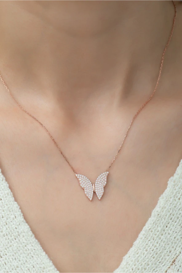 925 Ayar Rose Kelebek Kadın Gümüş Kolye - Resim 2